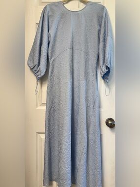 ZARA Pale Blue Textured Midi Dress with Puff Sleeves